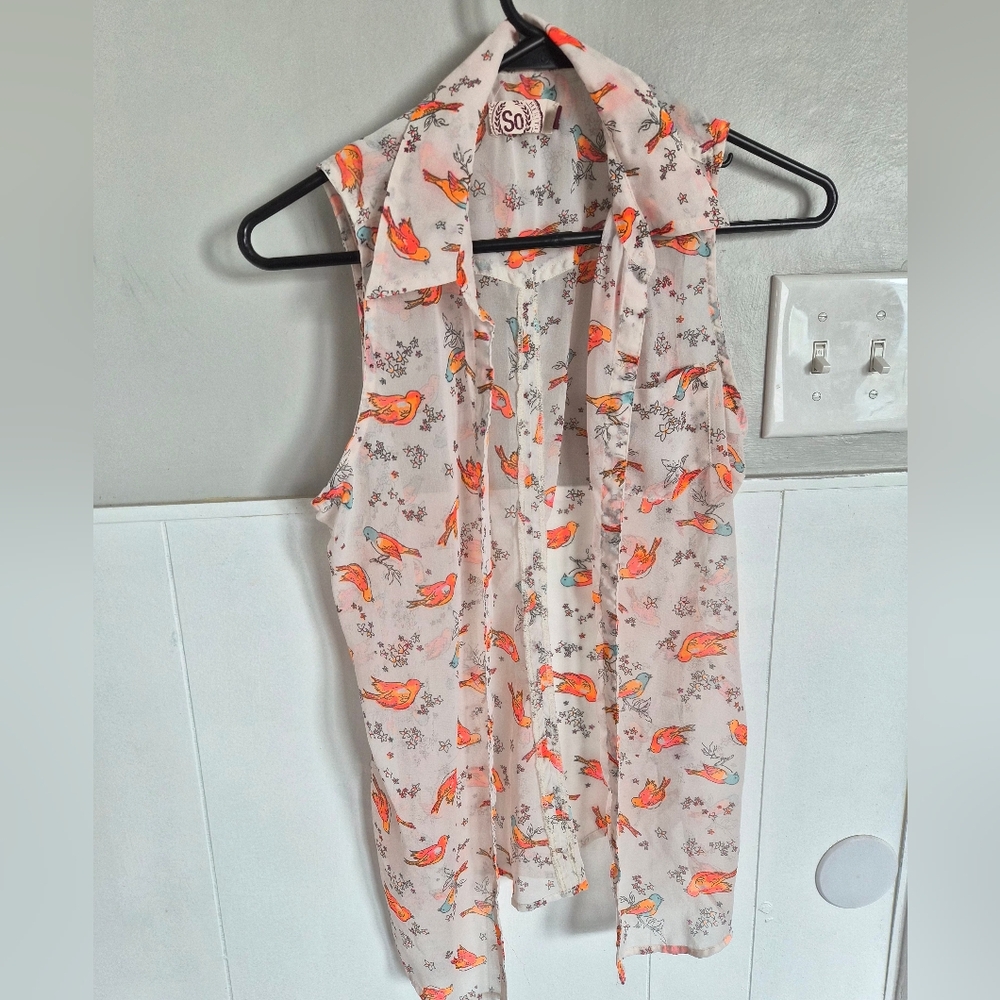 So Floral Bird Print Sleeveless Tie-Neck Blouse - Pink Sheer Size Large
